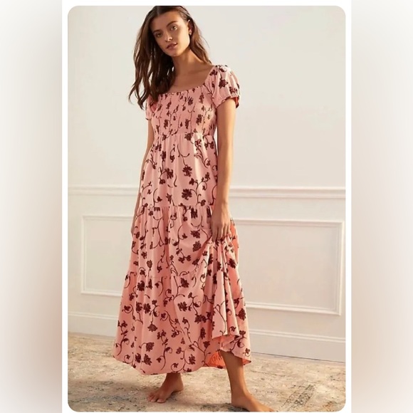 Daily Practice by Anthropologie Smocked Tiered Maxi Lounge Dress Pink Size Small - Picture 2 of 6
